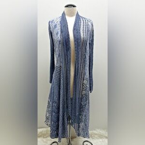 This & That Open Front Duster Sweater Blue Boho Asymmetrical Lace MIxed Media L